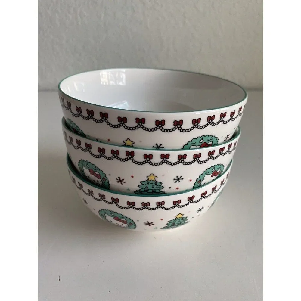 Set Of 3‎ Sanrio Hello Kitty Ceramic 27 Oz Bowl Christmas Tree Dress Snowflake